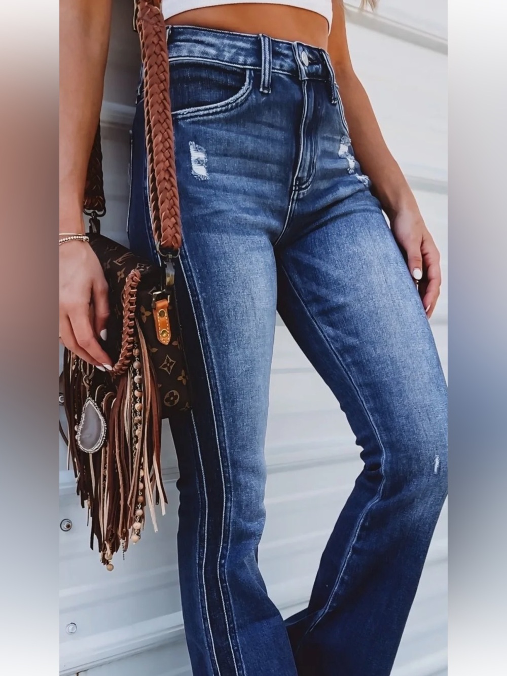 KanCan Indigo High-Rise Flare Jeans with Side Stripe